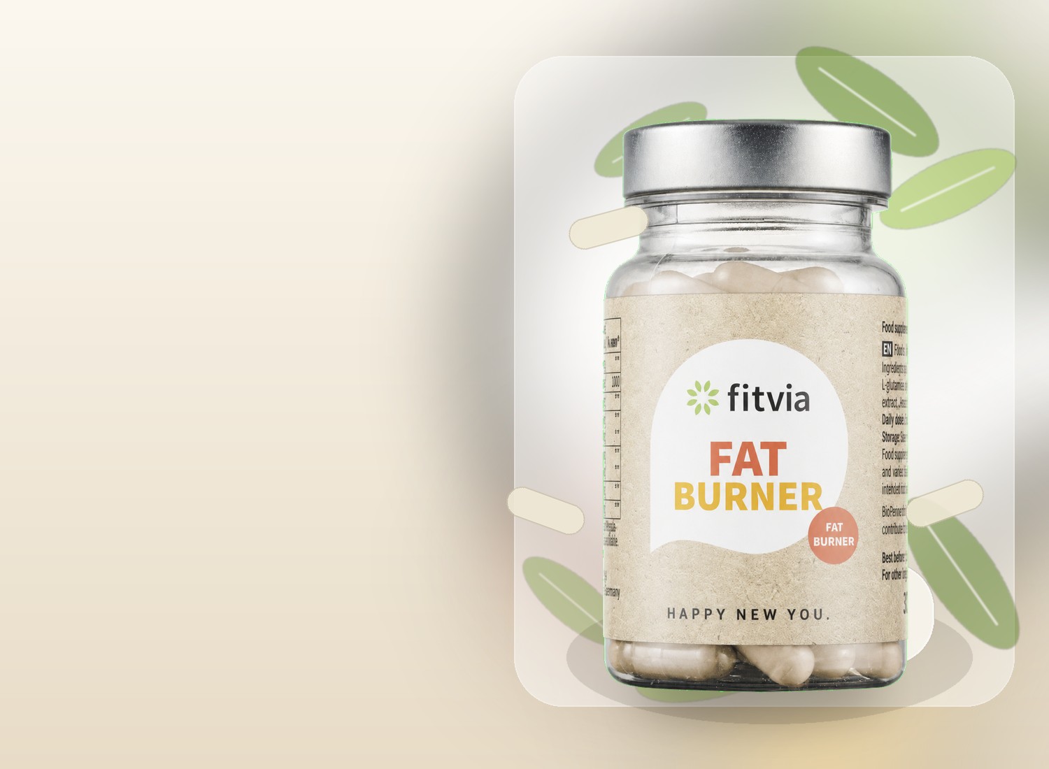 Fitvia Fat Burner bottle displayed in a warm botanical setting